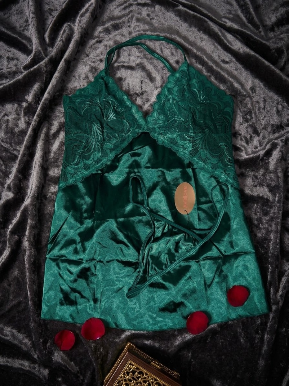 Emerald Green Lace & Satin Chemise with Adjustable Straps